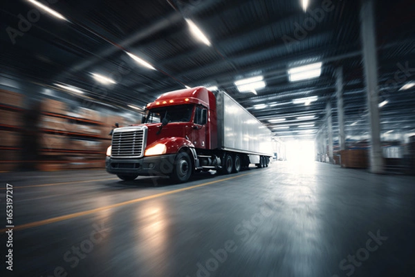 Fototapeta Motion blur of container trucks entering and leaving an international logistics distribution warehouse. Ai generate.