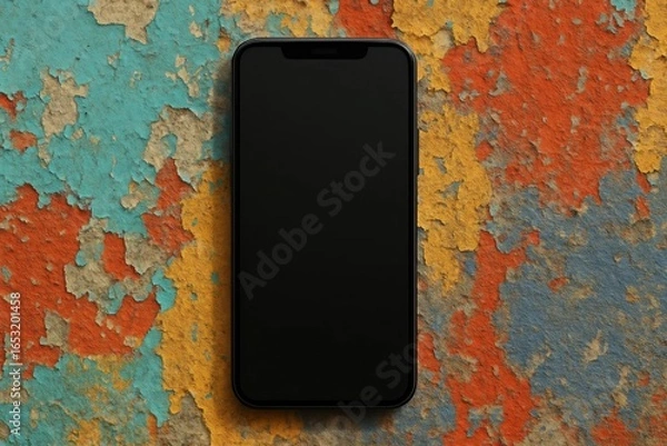 Fototapeta A black smartphone rests on a textured backdrop of vibrant colors, symbolizing the fusion of technology with nature