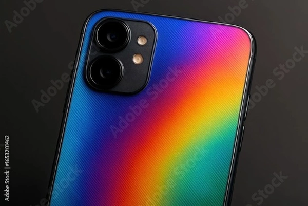Fototapeta A smartphone with a vibrant, rainbow-colored case stands out against a dark backdrop