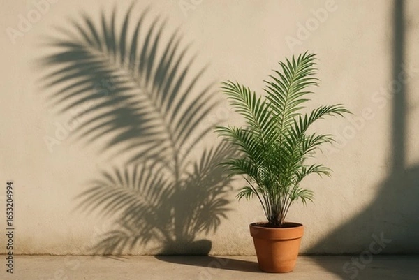 Fototapeta A lone palm plant casts a gentle shadow on a textured beige wall, embodying tranquility and the quiet strength of nature