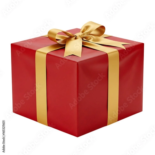 Fototapeta A red gift box with a gold ribbon and bow, ready for giving isolated on transparent background