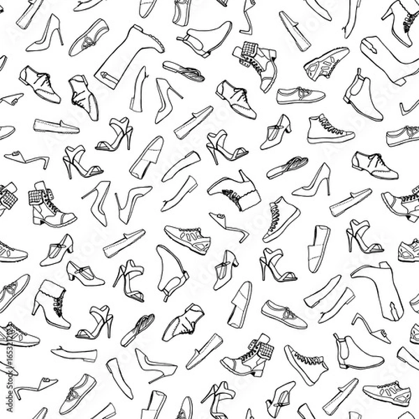 Obraz Cartoon hand drawn SHOES seamless pattern. Lots of symbols, objects and elements. Hand-drawn monochrome black and white background, EPS 10. Different kind of shoes. Isolated on white background.