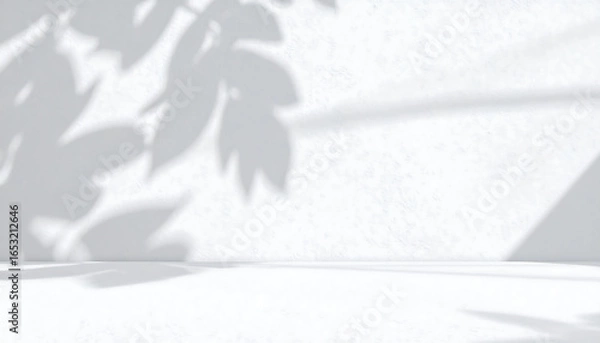 Fototapeta Serene Minimalist White Wall Background with Soft Leaf Shadows, Ideal for Product Displays and Branding Mockups.