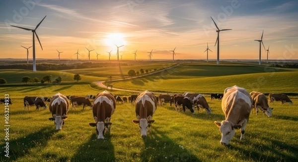 Fototapeta Cows graze peacefully in a sunlit meadow with wind turbines on the horizon