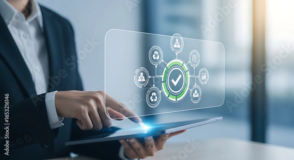 Fototapeta Environmental compliance shown on digital interface for corporate responsibility reporting