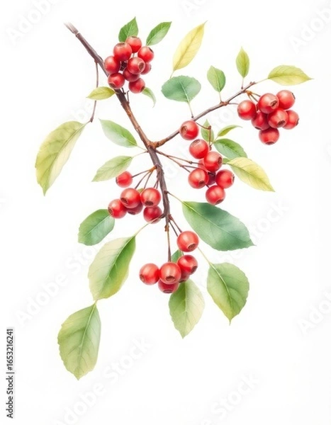 Fototapeta Fresh red hawthorn berries on a branch with green and yellow leaves, isolated on white background, botanical detail.