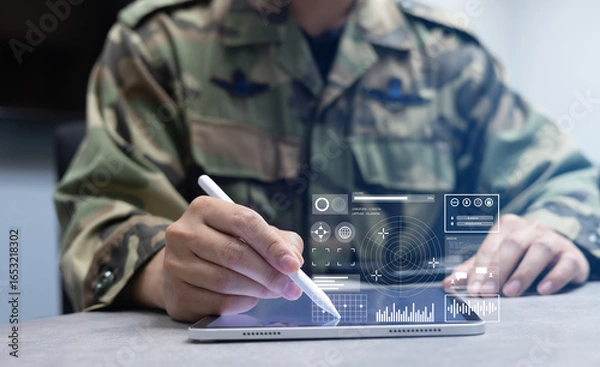Fototapeta soldier man use stylus pencil to check program of radar and radio aviation for test system of tracking and defense at the dark control room center in monitor station for military technology concept