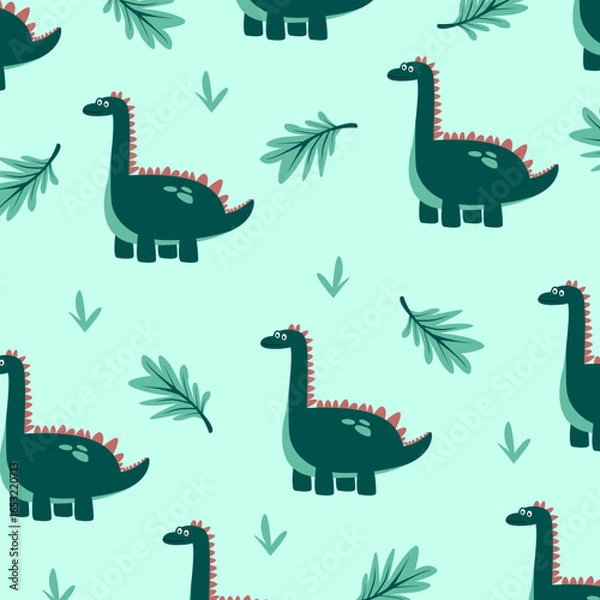 Obraz brontosaurus dinosaur fullprint fabric seamless pattern vector design green