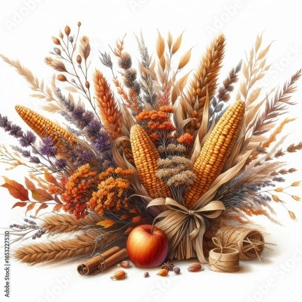 Fototapeta Harvest cornucopia with dried corn, wheat, ornamental grasses, autumn flowers, apple, cinnamon sticks, and nuts on white background.