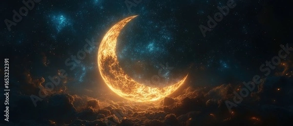 Fototapeta Celestial event fiery crescent moon in starry sky digital cosmic environment night view