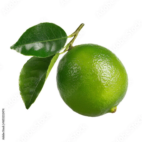 Fototapeta Fresh and vibrant green lime with leaves isolated on transparent background
