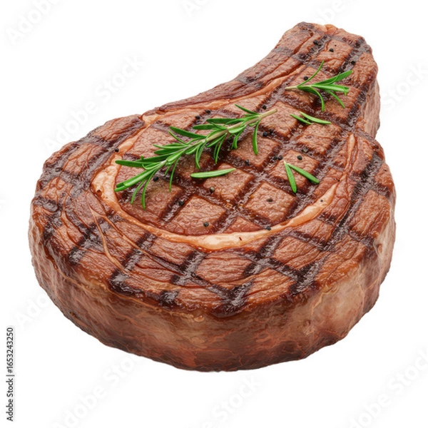 Fototapeta A delicious, perfectly grilled ribeye steak, adorned with fresh rosemary sprigs, displays a beautiful grill mark pattern against a clean black background.