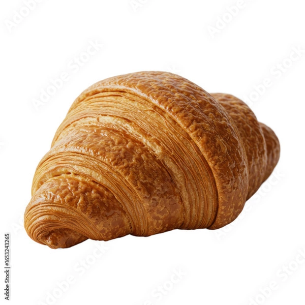 Fototapeta A single, golden-brown croissant, showcasing intricate layers and a rich texture, sits against a dark background.