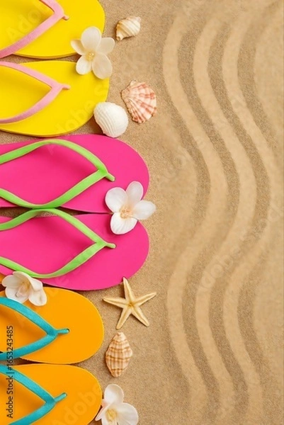 Obraz Colorful flip flop sandals arranged on a sandy beach with seashells and starfish