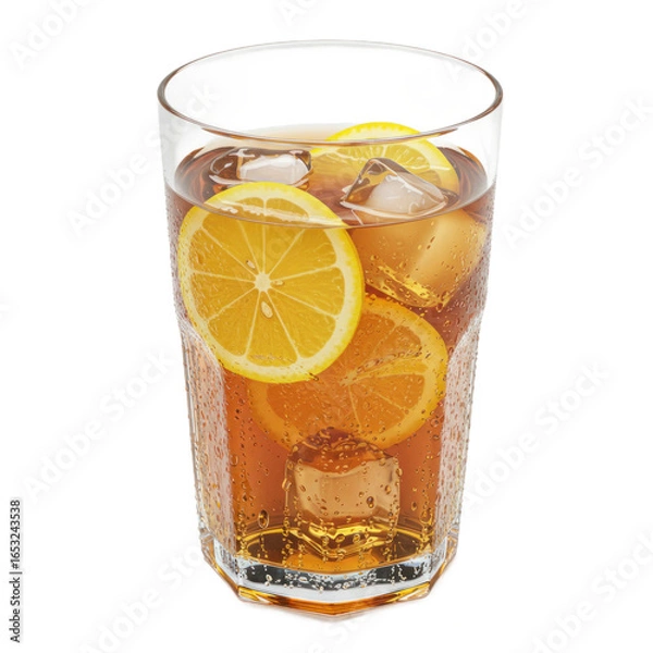 Obraz Refreshing iced tea beverage, garnished with lemon slices, presented in a clear glass with ice cubes.