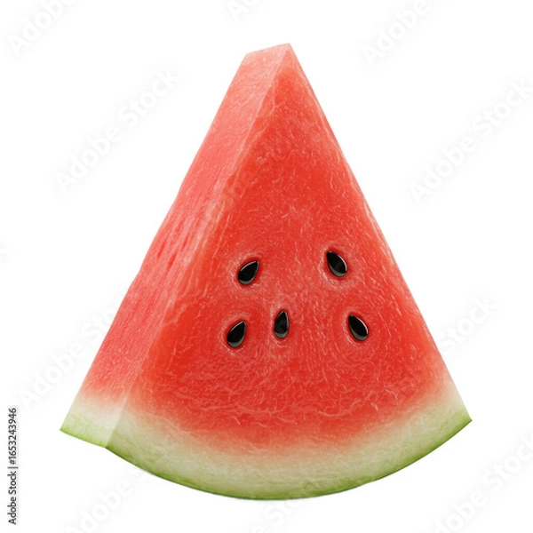 Obraz A vibrant triangular slice of watermelon, showcasing its juicy red flesh and dark seeds, against a stark black background.