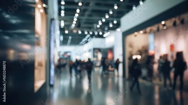 Fototapeta Blurred background of an exhibition hall with people walking around