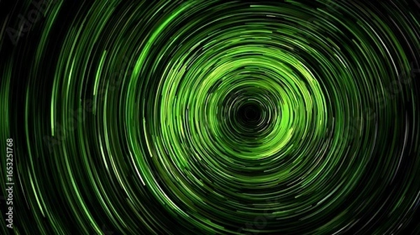 Fototapeta A vibrant green spiral of light streaks against a black background, creating a mesmerizing optical illusion.