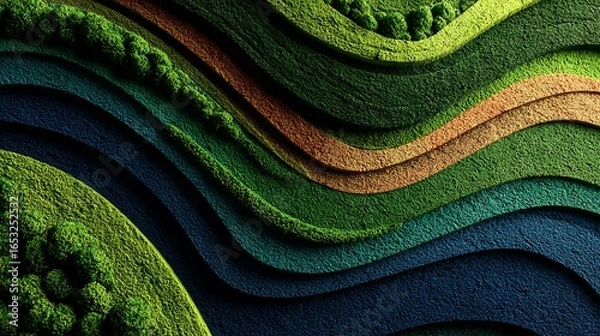 Fototapeta A colorful abstract background featuring green, blue, and brown waves with a mix of grass, trees, and rocks, set against a textured, earthy backdrop.
