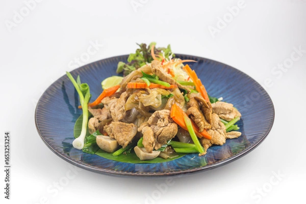 Fototapeta Stir-fried Rice Noodles with Soy Sauce and Pork on white background , Thai Style food