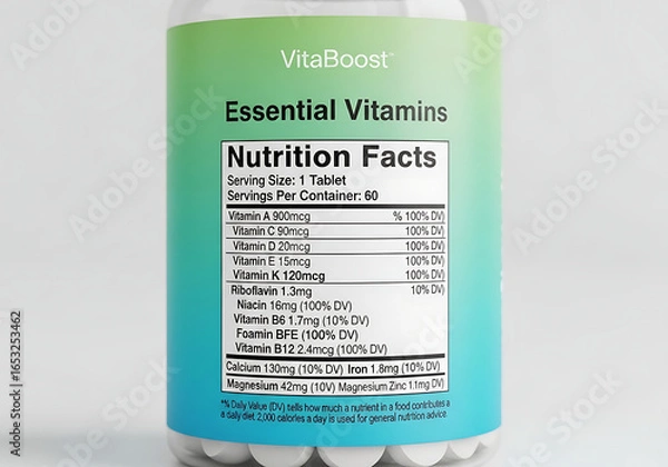 Fototapeta Editable Nutrition Facts Label Template in FDA Format, Vector Design on White Background, Clean Black and White Layout for Food Packaging, Supplements, and Product Branding.