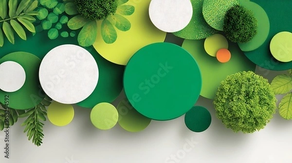 Fototapeta A colorful abstract composition featuring green and white circles, leaves, and a tree, set against a white background with a subtle gradient.