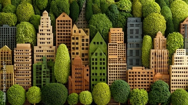 Fototapeta A vibrant cityscape with a mix of green and brown buildings, surrounded by lush trees and bushes, set against a backdrop of a clear blue sky.