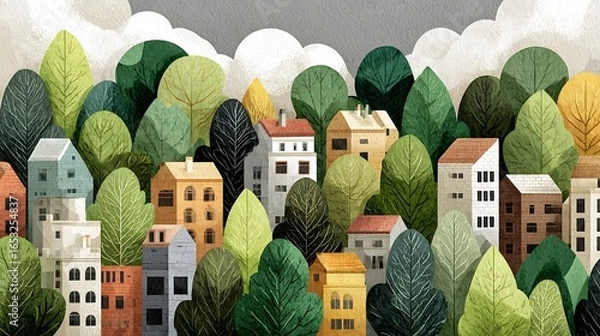 Fototapeta A whimsical illustration of a small town nestled among lush green trees, with colorful houses and a cloudy sky in the background.