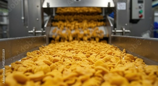 Fototapeta Freshly made savory snacks flowing on production line, creating a dynamic visual of food manufacturing and industrial processes