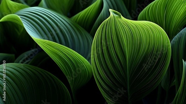 Fototapeta A close-up of a vibrant green leaf with a detailed texture, set against a dark background, with a subtle hint of a blurred green leaf in the background.