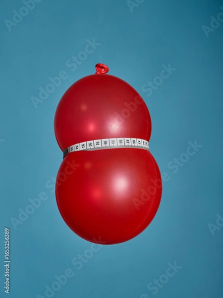 Fototapeta Red balloon with a measuring tape against a blue background as a symbol of eating less or reducing the stomach size