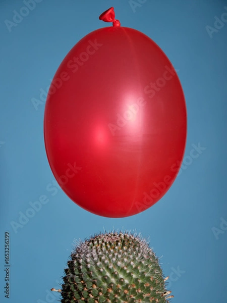Fototapeta A red balloon floats toward a cactus and is about to burst due to a thorn. A symbol of danger and fragility