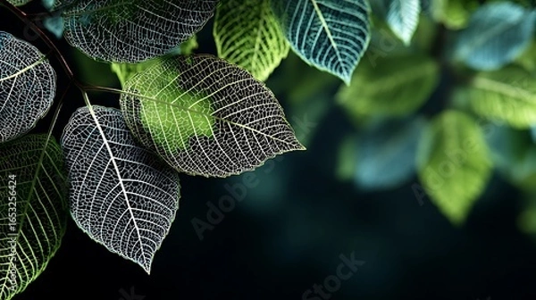 Fototapeta A close-up of a green leaf with a white outline against a dark background, with a blurred green leaf in the background.