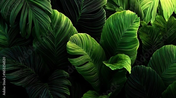 Fototapeta A vibrant green tropical plant with large, wavy leaves, set against a dark background, with a subtle glow of light illuminating the leaves.