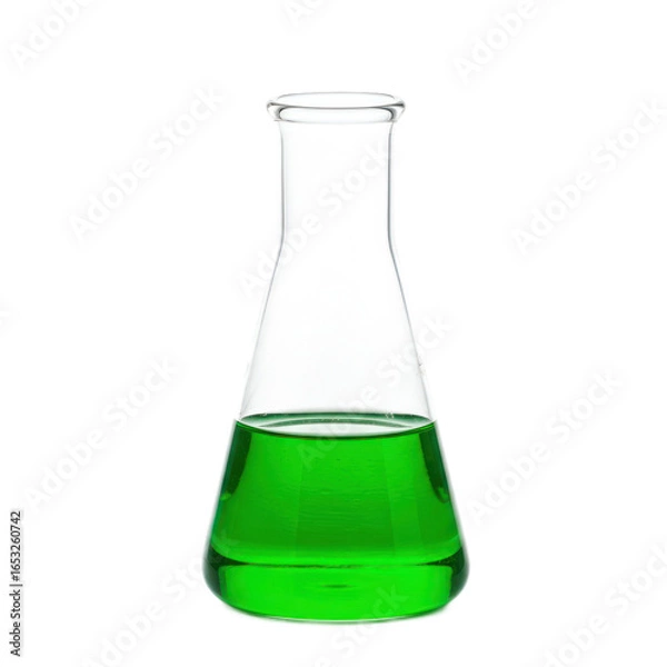 Fototapeta A transparent glass flask, filled with a vibrant green liquid, sits against a plain black background.