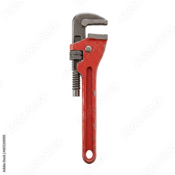 Fototapeta A highly detailed, red and gray adjustable wrench stands out against a pure black background.