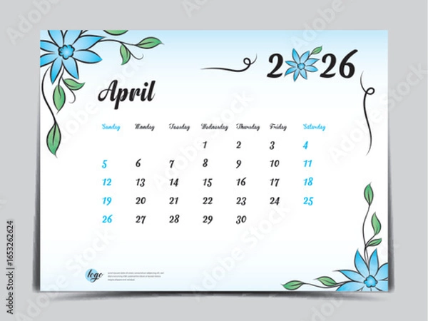 Fototapeta April 2026 design- Calendar 2026 template flowers concept, week start on Sunday, Monthly calendar planner artwork, Desk calendar 2026 design, Wall Calendar design, Poster, simple, vector