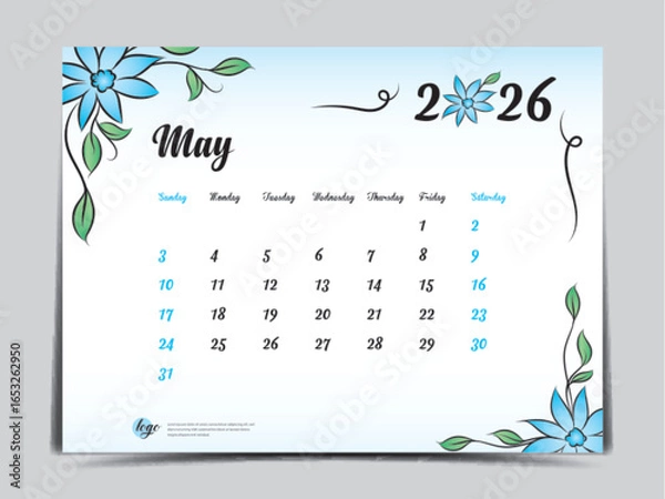 Fototapeta May 2026 design- Calendar 2026 template flowers concept, week start on Sunday, Monthly calendar planner artwork, Desk calendar 2026 design, Wall Calendar design, Poster, simple, vector