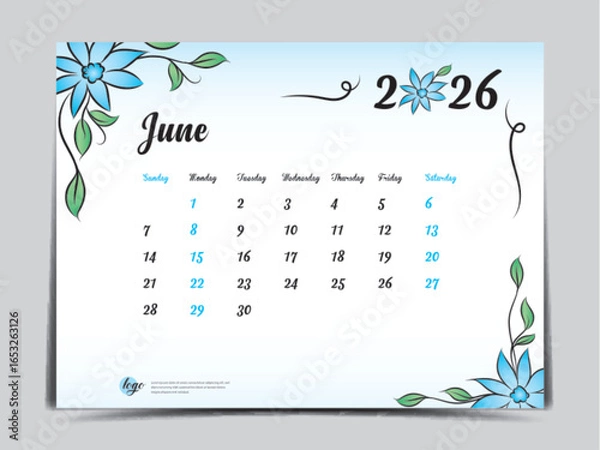 Fototapeta June 2026 design- Calendar 2026 template flowers concept, week start on Sunday, Monthly calendar planner artwork, Desk calendar 2026 design, Wall Calendar design, Poster, simple, vector