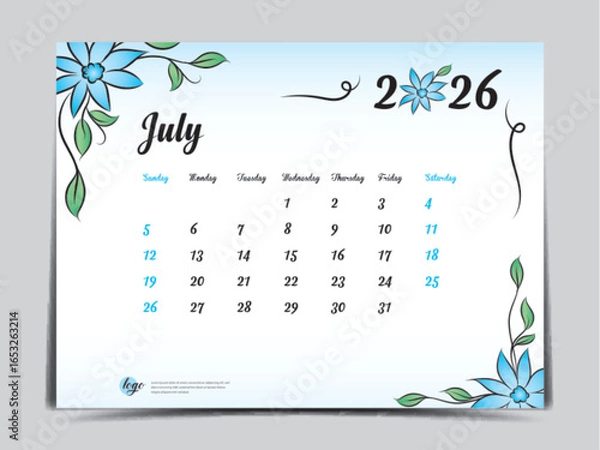 Fototapeta July 2026 design- Calendar 2026 template flowers concept, week start on Sunday, Monthly calendar planner artwork, Desk calendar 2026 design, Wall Calendar design, Poster, simple, vector