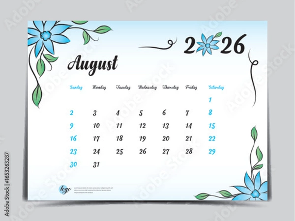 Fototapeta August 2026 design- Calendar 2026 template flowers concept, week start on Sunday, Monthly calendar planner artwork, Desk calendar 2026 design, Wall Calendar design, Poster, simple, vector