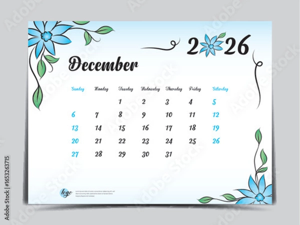 Fototapeta December 2026 design- Calendar 2026 template flowers concept, week start on Sunday, Monthly calendar planner artwork, Desk calendar 2026 design, Wall Calendar design, Poster, simple, vector