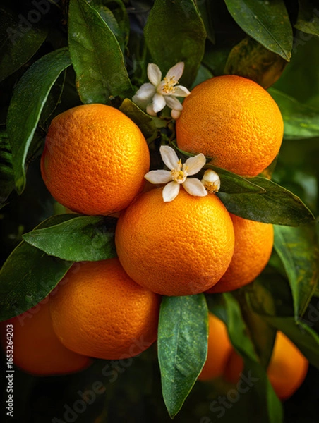 Fototapeta Vibrant cluster of ripe oranges with lush green foliage and delicate white blossoms