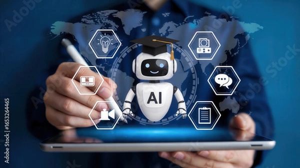 Fototapeta Ingenious AI robot with graduation cap navigates global data streams on tablet, symbolizing education and tech innovation