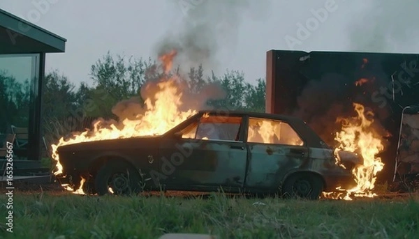 Obraz Burning car outdoors