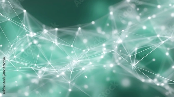 Fototapeta A network of white lines and dots against a green background, with a blurred green and white background.
