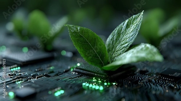 Fototapeta A green leaf with a few small leaves growing from it, placed on a dark surface with a blurred background. The leaf is the main focus, with a few other leaves in the background.