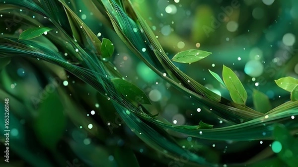 Fototapeta A vibrant green vine with leaves and a small white flower, set against a blurred green background with a few white dots, creating a dreamy and ethereal atmosphere.