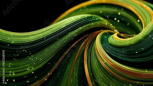Fototapeta A vibrant green and orange abstract wave design with a black background, featuring a mix of green and orange lines and dots, creating a dynamic and visually striking composition.