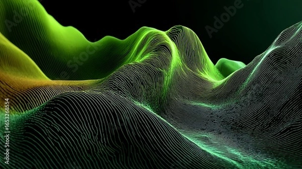 Fototapeta A green and yellow abstract wave pattern with a dark background, featuring a mix of neon colors and lines.